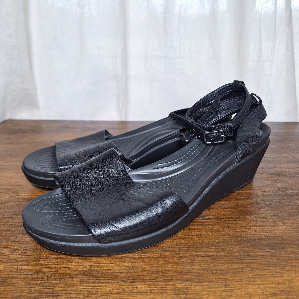 Crocs Women's Leigh-Ann Ankle Strap Leather Wedge Sandals in black comfort 11 - Picture 5 of 9